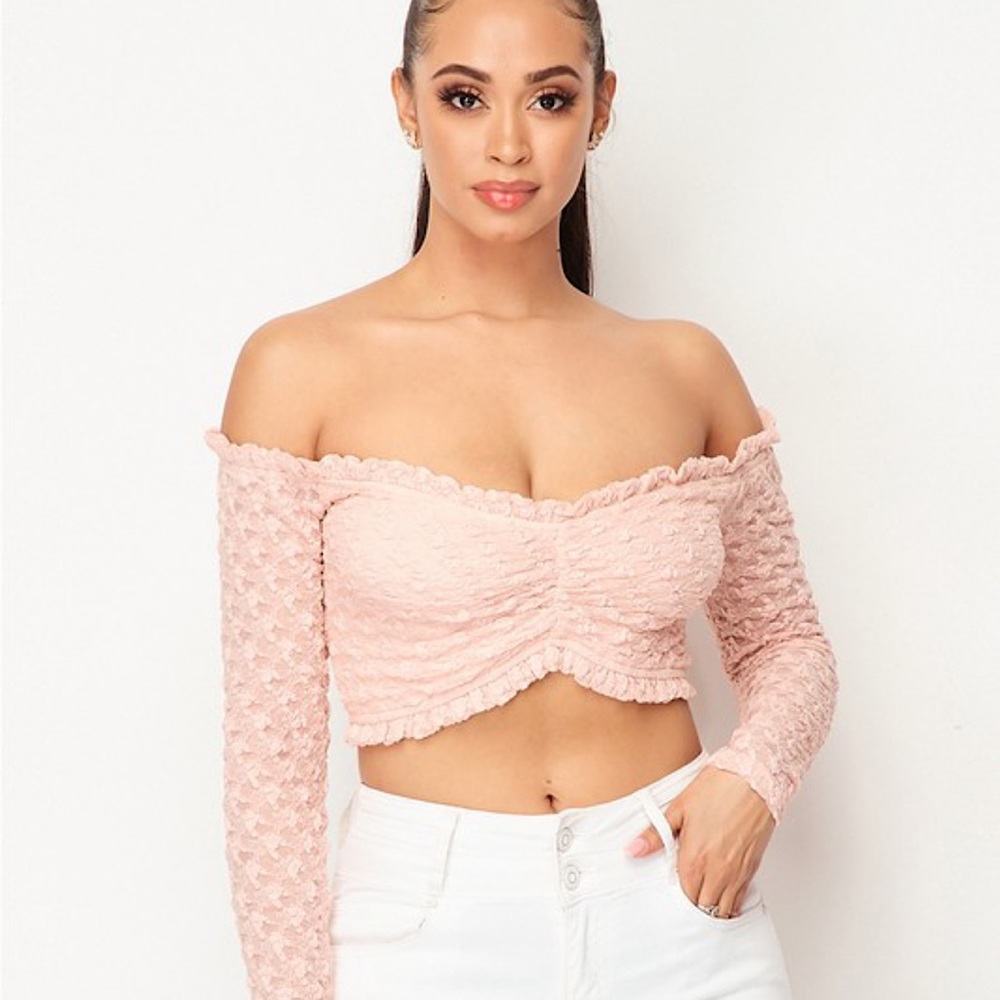 Pink Off-the-Shoulder Ruched Lettuce Trim Lace Long Sleeve Crop Top Size Large